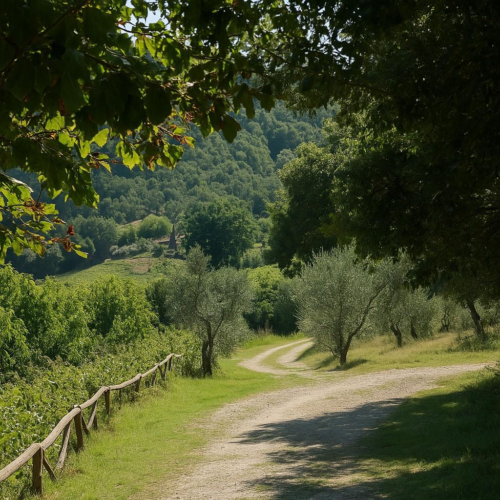 Serene countryside path surrounded by olive trees and lush greenery, representing the journey to wellness